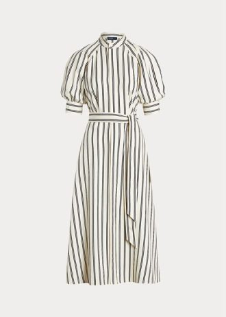 Kräm/svart Ralph Lauren Randig Mulberry Silk Klänning för kvinnor