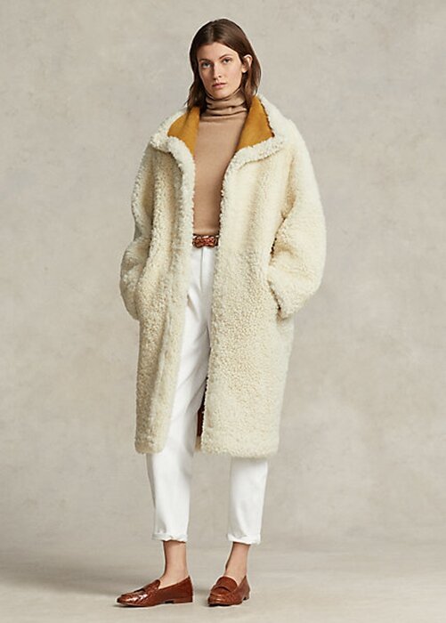 Krämfärgad dam Ralph Lauren Oversize Vändbara Shearling-kappor Krämfärgad dam Ralph Lauren Oversize Vändbara Shearling-kappor