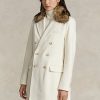 Krämfärgade dam Ralph Lauren fuskpälskrage dubbelknäppt kappor Krämfärgade dam Ralph Lauren fuskpälskrage dubbelknäppt kappor