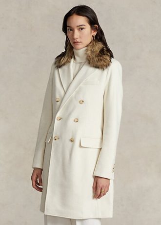 Krämfärgade dam Ralph Lauren fuskpälskrage dubbelknäppt kappor
