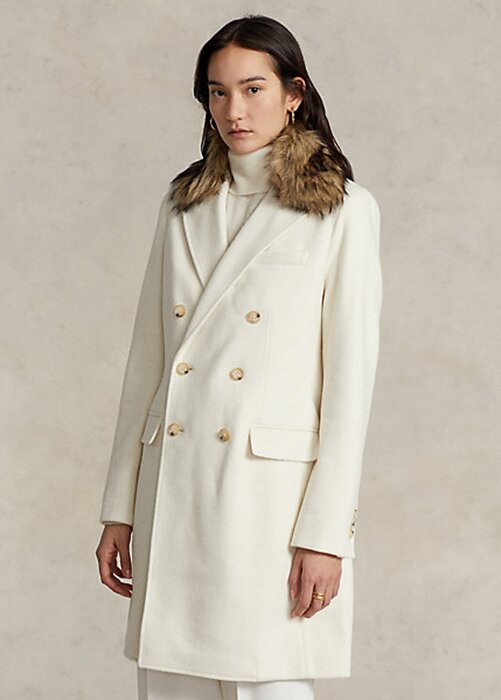 Krämfärgade dam Ralph Lauren fuskpälskrage dubbelknäppt kappor Krämfärgade dam Ralph Lauren fuskpälskrage dubbelknäppt kappor