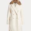 Krämfärgade dam Ralph Lauren fuskpälskrage dubbelknäppt kappor Krämfärgade dam Ralph Lauren fuskpälskrage dubbelknäppt kappor