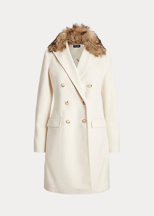 Krämfärgade dam Ralph Lauren fuskpälskrage dubbelknäppt kappor Krämfärgade dam Ralph Lauren fuskpälskrage dubbelknäppt kappor