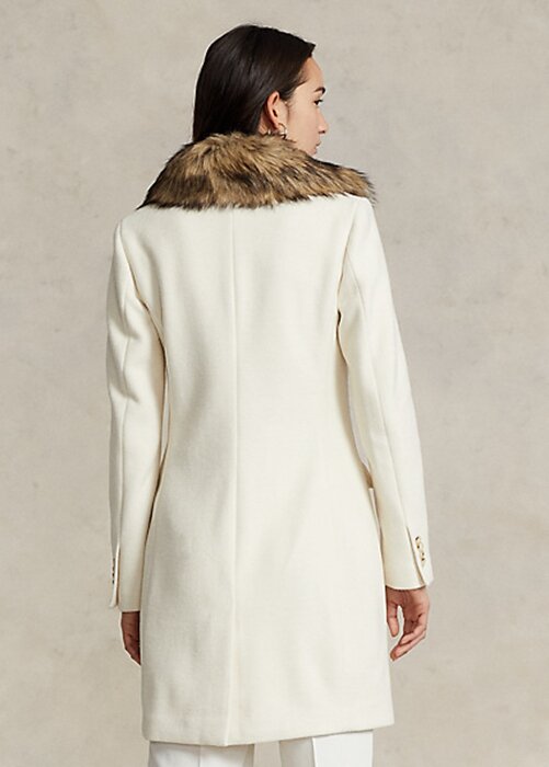 Krämfärgade dam Ralph Lauren fuskpälskrage dubbelknäppt kappor Krämfärgade dam Ralph Lauren fuskpälskrage dubbelknäppt kappor