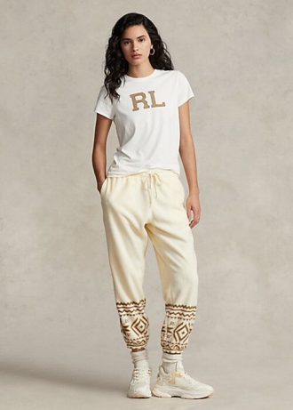Krämfärgade dam Ralph Lauren Snowflake-motiv fleece träningsbyxor