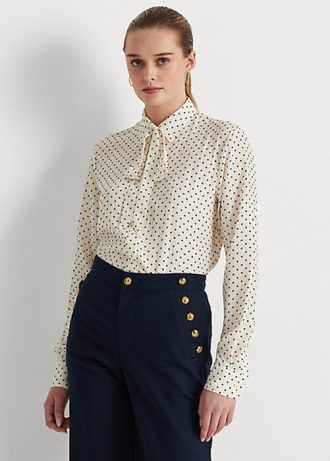 Krämfärgade/marinblå Ralph Lauren Polka-Prickiga Crepe-skjortor med knythalsar
