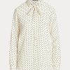 Krämfärgade/marinblå Ralph Lauren Polka-Prickiga Crepe-skjortor med knythalsar Krämfärgade/marinblå Ralph Lauren Polka-Prickiga Crepe-skjortor med knythalsar