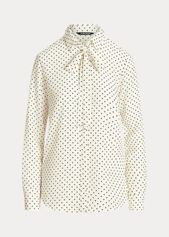 Krämfärgade/marinblå Ralph Lauren Polka-Prickiga Crepe-skjortor med knythalsar