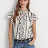 Krämfärgade/marinblå Ralph Lauren randiga Ralph Lauren-trimmade chiffongblusskjortor Krämfärgade/marinblå Ralph Lauren randiga Ralph Lauren-trimmade chiffongblusskjortor