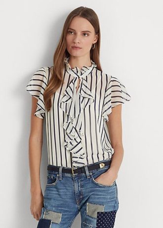 Krämfärgade/marinblå Ralph Lauren randiga Ralph Lauren-trimmade chiffongblusskjortor