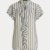 Krämfärgade/marinblå Ralph Lauren randiga Ralph Lauren-trimmade chiffongblusskjortor Krämfärgade/marinblå Ralph Lauren randiga Ralph Lauren-trimmade chiffongblusskjortor