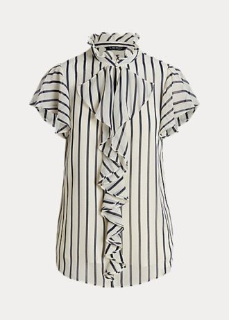 Krämfärgade/marinblå Ralph Lauren randiga Ralph Lauren-trimmade chiffongblusskjortor