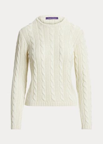 Krämfärgade Ralph Lauren kabelstickade sidentröjor med rund hals för kvinnor Krämfärgade Ralph Lauren kabelstickade sidentröjor med rund hals för kvinnor