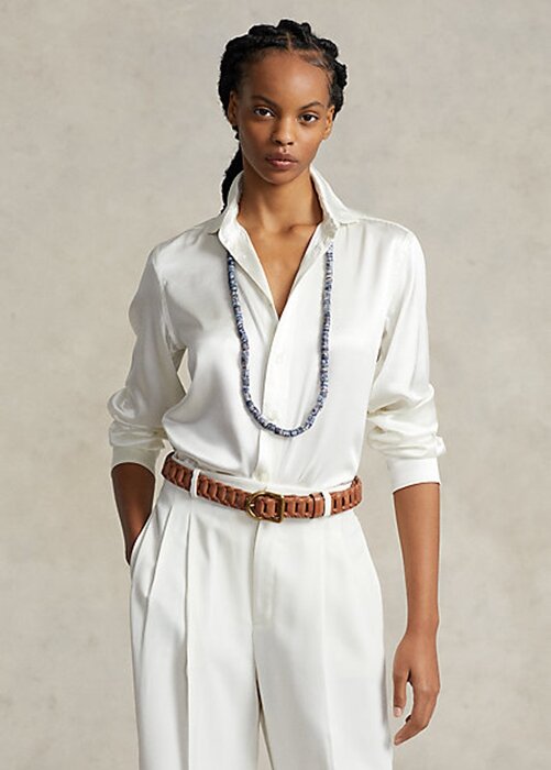 Krämfärgade Ralph Lauren Mulberry Silk Shir-skjortor för kvinnor Krämfärgade Ralph Lauren Mulberry Silk Shir-skjortor för kvinnor