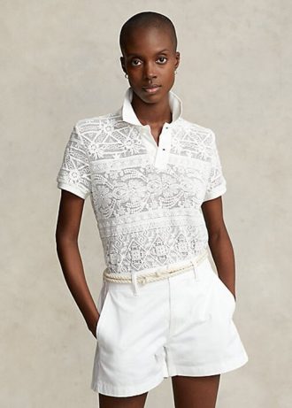 Krämfärgade Ralph Lauren pikétröjor med geometrisk spets för kvinnor