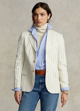 Krämfärgade Ralph Lauren Pinstripe bomull-linne-ull blazers för kvinnor