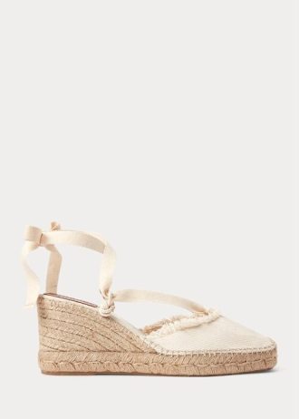 Krämfärgade Ralph Lauren Ralph Lauren Fringe-Trim Canvas Wedge Flat Shoes