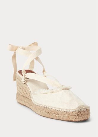 Krämfärgade Ralph Lauren Ralph Lauren Fringe-Trim Canvas Wedge Flat Shoes