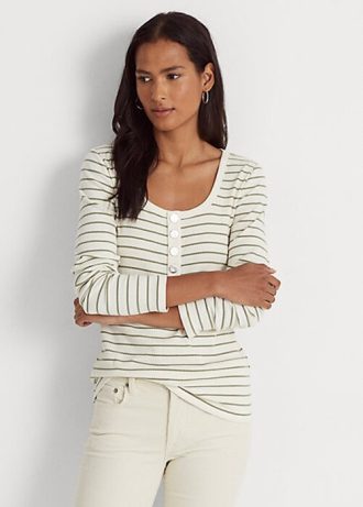 Krämfärgade Ralph Lauren-randiga Henley-toppar i bomullsblandning för kvinnor