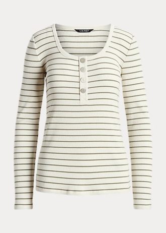 Krämfärgade Ralph Lauren-randiga Henley-toppar i bomullsblandning för kvinnor