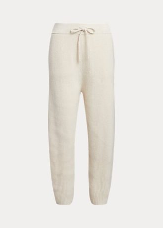 Krämfärgade Ralph Lauren ribbstickade kashmir-ulltröja byxor för kvinnor