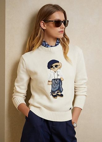 Krämfärgade Ralph Lauren Sarong Bear Jersey-tröjor för kvinnor Krämfärgade Ralph Lauren Sarong Bear Jersey-tröjor för kvinnor
