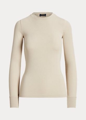 Krämfärgade Ralph Lauren T-shirts med ribbad mocka för kvinnor