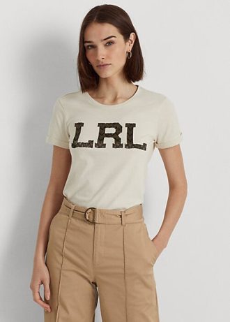 Krämfärgade T-shirts från Ralph Lauren med pärllogotyp för kvinnor Krämfärgade T-shirts från Ralph Lauren med pärllogotyp för kvinnor