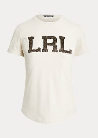 Krämfärgade T-shirts från Ralph Lauren med pärllogotyp för kvinnor Krämfärgade T-shirts från Ralph Lauren med pärllogotyp för kvinnor