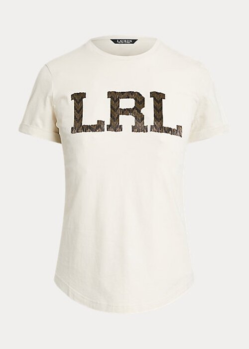 Krämfärgade T-shirts från Ralph Lauren med pärllogotyp för kvinnor Krämfärgade T-shirts från Ralph Lauren med pärllogotyp för kvinnor