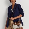 Lauren Tan/ Navy Stripe Dam Ralph Lauren Canvas Stor Andie-handväska Lauren Tan/ Navy Stripe Dam Ralph Lauren Canvas Stor Andie-handväska