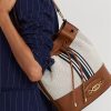 Lauren Tan/ Navy Stripe Dam Ralph Lauren Canvas Stor Andie-handväska Lauren Tan/ Navy Stripe Dam Ralph Lauren Canvas Stor Andie-handväska
