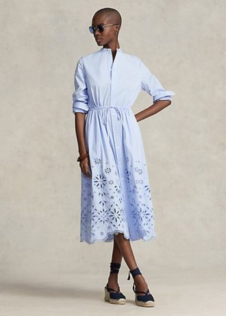 Ljusblå kvinnors Ralph Lauren Eyelet-broderad klänning