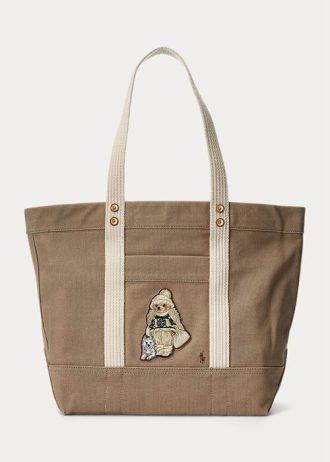 Madison Tan Ralph Lauren Canvas Medium Polo Bear Tygväskor för kvinnor