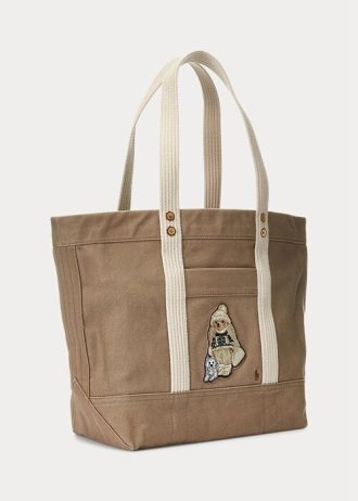 Madison Tan Ralph Lauren Canvas Medium Polo Bear Tygväskor för kvinnor