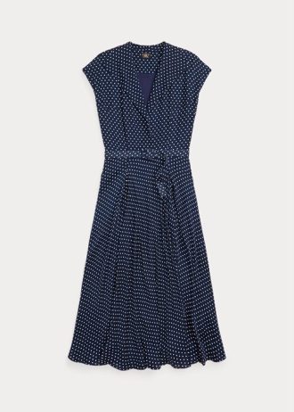 Marinblå / Cream Ralph Lauren Polka Dot Silk Georgette Klänning för kvinnor