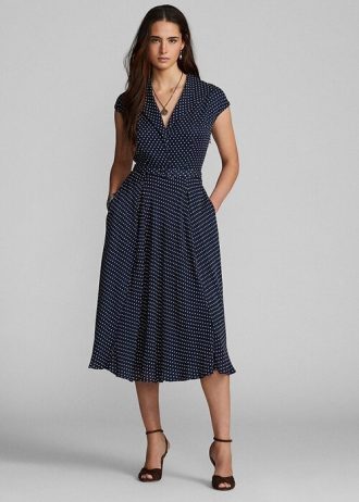 Marinblå / Cream Ralph Lauren Polka Dot Silk Georgette Klänning för kvinnor