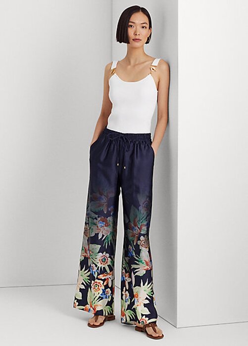 Marinblå dam Ralph Lauren blommiga Charmeuse byxor med vida ben Marinblå dam Ralph Lauren blommiga Charmeuse byxor med vida ben