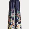 Marinblå dam Ralph Lauren blommiga Charmeuse byxor med vida ben Marinblå dam Ralph Lauren blommiga Charmeuse byxor med vida ben