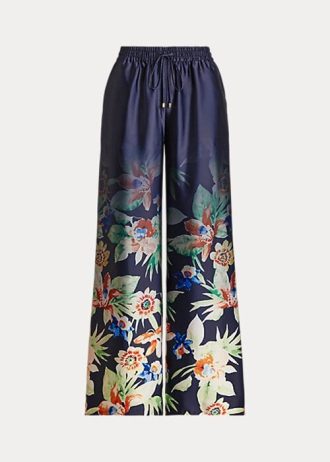 Marinblå dam Ralph Lauren blommiga Charmeuse byxor med vida ben