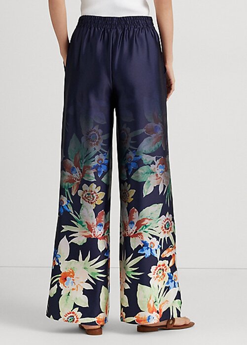 Marinblå dam Ralph Lauren blommiga Charmeuse byxor med vida ben Marinblå dam Ralph Lauren blommiga Charmeuse byxor med vida ben