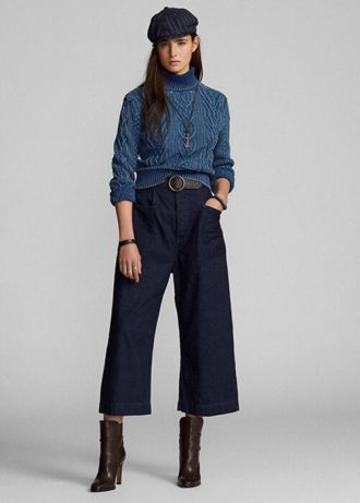 Marinblå Dam Ralph Lauren Bomull-linne Denim Byxor med vida ben