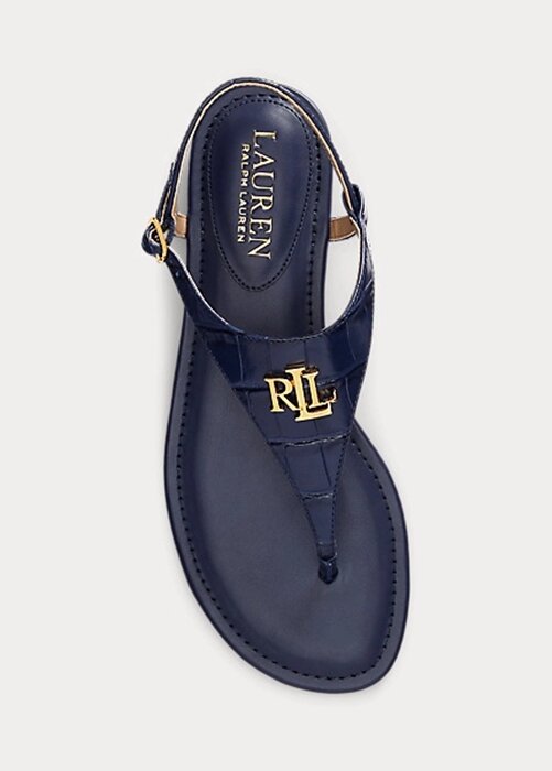 Marinblå dam Ralph Lauren Ellington präglade lädersandaler Marinblå dam Ralph Lauren Ellington präglade lädersandaler