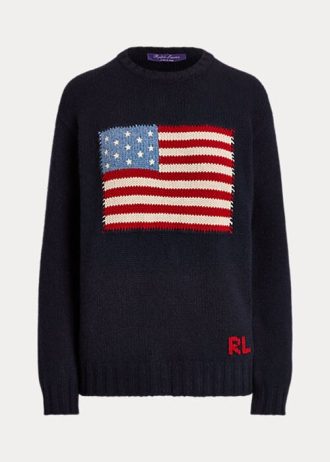 Marinblå Dam Ralph Lauren Flag Cashmere Crewneck tröjor Marinblå Dam Ralph Lauren Flag Cashmere Crewneck tröjor