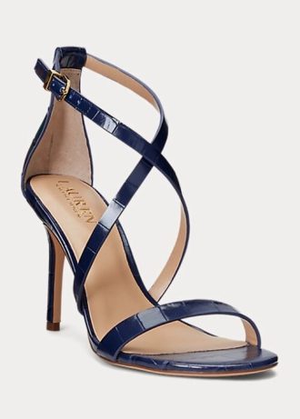 Marinblå dam Ralph Lauren Gabriele präglade lädersandaler