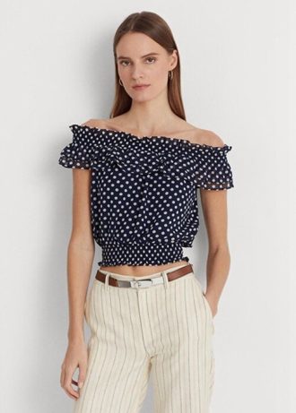 Marinblå dam Ralph Lauren Polka-dot Off-the-shoulder blustoppar