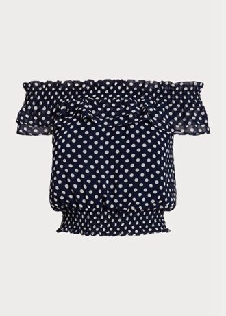 Marinblå dam Ralph Lauren Polka-dot Off-the-shoulder blustoppar