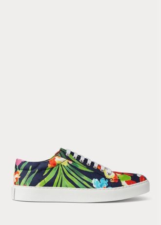 Marinblå flerfärgad herr Ralph Lauren Severn blommiga linne sneakers