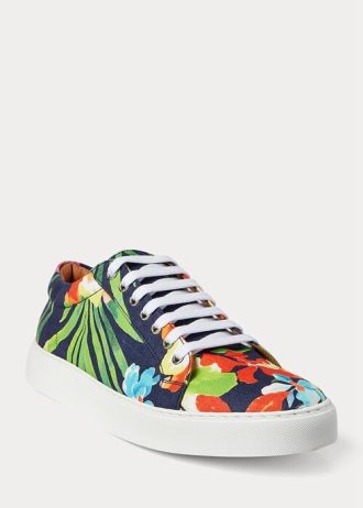 Marinblå flerfärgad herr Ralph Lauren Severn blommiga linne sneakers