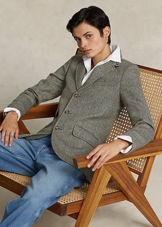 Marinblå / gräddfärgad dam Ralph Lauren linneblandning fiskbens-hackablazers